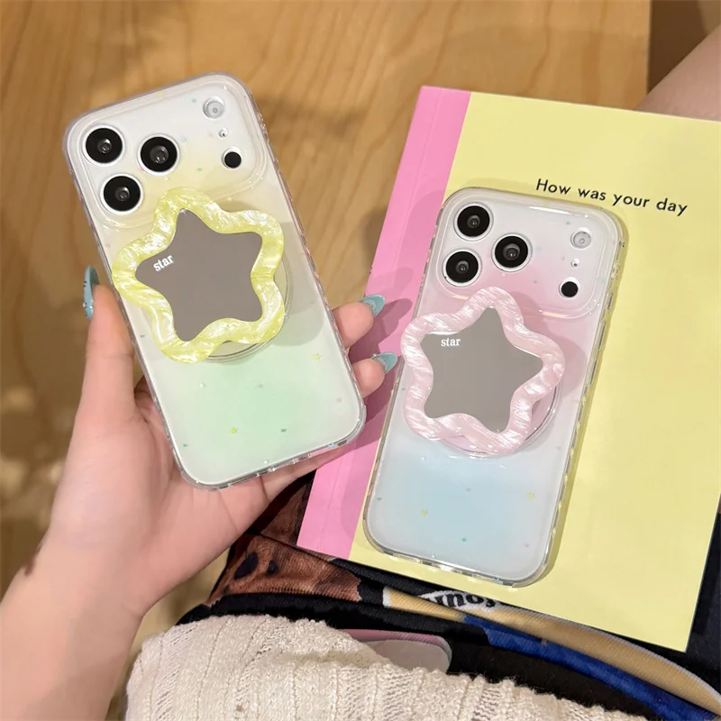 

Kawaii Gradient Phone Case with Star Mirror Stand for iPhone 15 16 17 Pro Max Shockproof Protective Cover For MagSafe funda ipho
