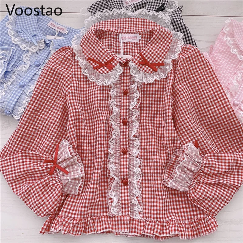 Sweet Lolita Style Blouses Gothic Women Kawaii Bow Lace Ruffles Long Sleeve Plaid JK Shirts Girly Harajuku Y2K Cute Blusas Mujer