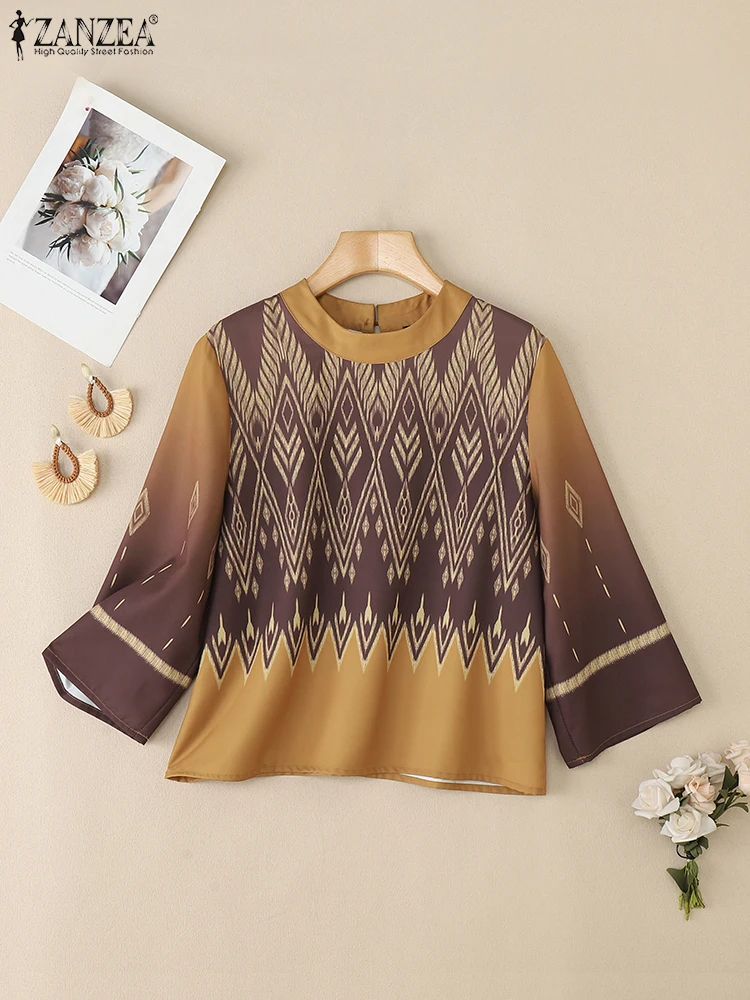 

ZANZEA женские этнические винтажные блузки с геометрическим принтом, осень 2022, повседневные свободные Blusas Mujer с круглым вырезом и рукавами 3/4, праздничные топы Ikat