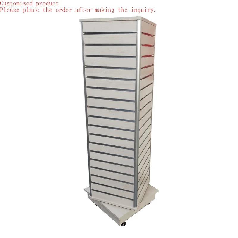 

Custom.HIKUYA Four Sided Rotating Slatwall Tower Display Stand Slatwall Gondola for Cloth Store