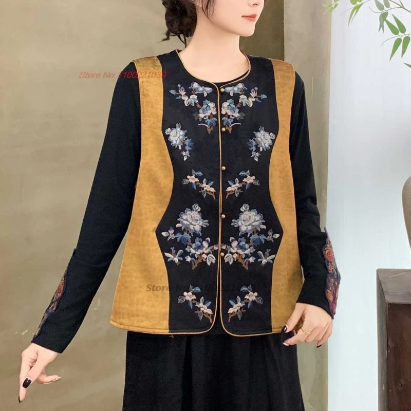 

2025 chinese vintage patchwork vest traditional satin jacquard o-neck folk vest national flower embroidery sleeveless jacket