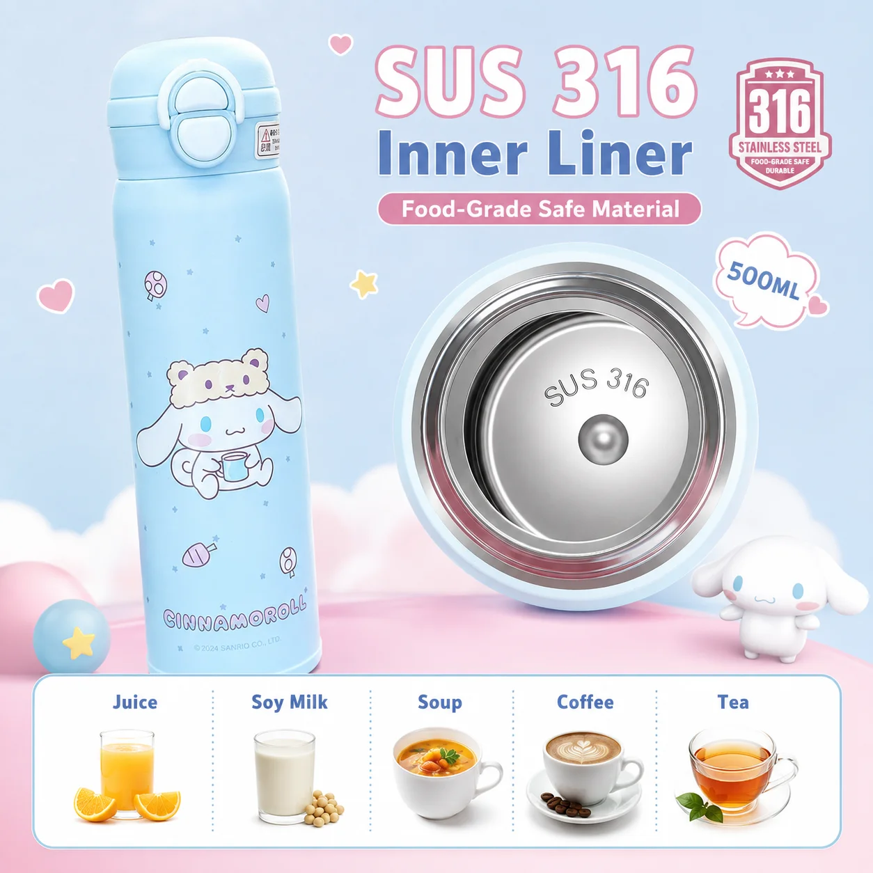 Sanrio 500ML Vacuum Flask SUS316 Stainless Steel Insulated Water Bottle One-Touch Lid 3 Drinking Ways Thermos Cup view 3