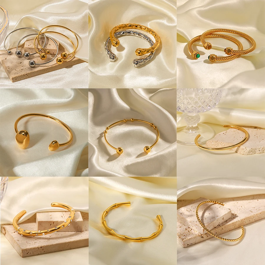 

Adjustable Open Cuff Bracelet in 18K Gold Plated Steel - Waterproof Minimalist Jewelry for Women Everyday Stackable Bangles