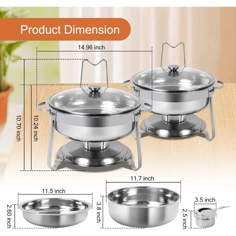 6 Packs Round Chafing Dish Buffet Set, 4 QT Stainless Steel Chafing Dishes with Glass Lid & Lid Holder, home.