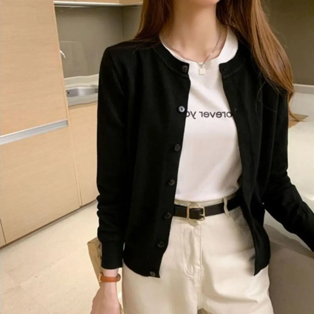 Loose Fit Long Sleeve Knit Cardigan Solid Color O Neck Women Sweater Single Breasted Knit Jacket