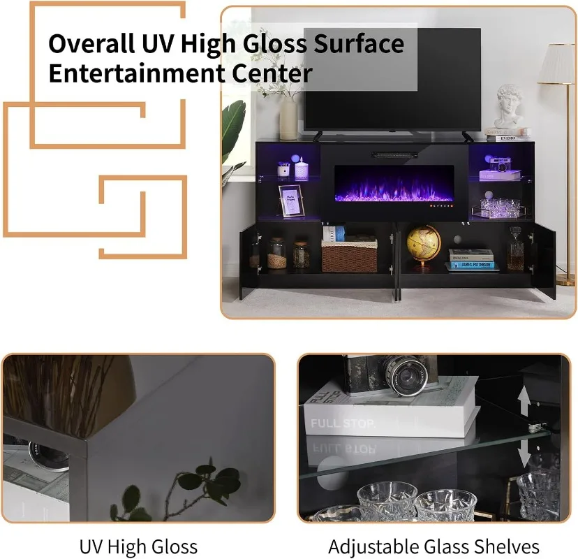 3 Piece Modern High Gloss Fireplace TV Stand + Bookcase Set for Living Room Includes 68