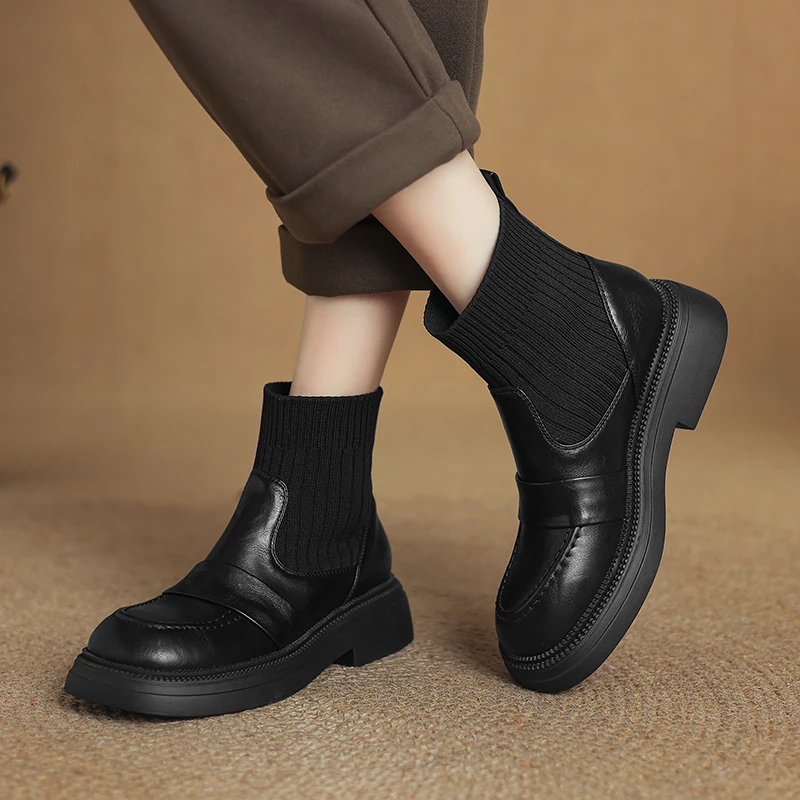 

Solid color stitching round toe thick heel thick bottom short barrel fashion boots