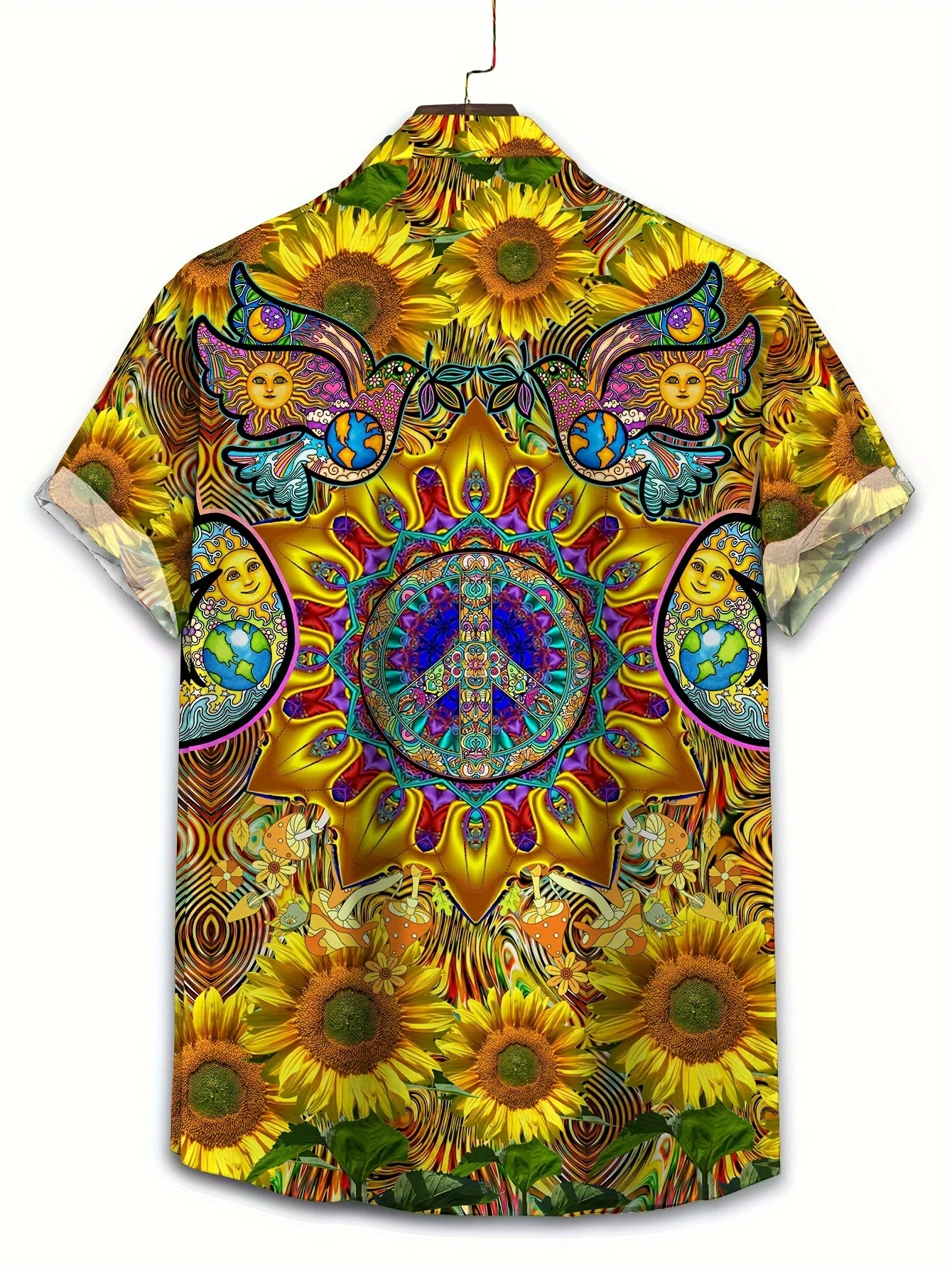 Boho Mandala Peace Symbol Dove Sunflower Retro Pattern Unisex Short Sleeve Blouse Camp Collar Loose Vacation Shirt