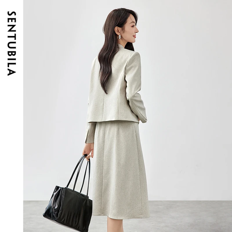 SENTUBILA Women Commute Blazer Skirt Suits Work Wear 2 Piece Outfits 2024 Autumn Linen Blend Cropped Blazer Skirt Sets 143Z56734