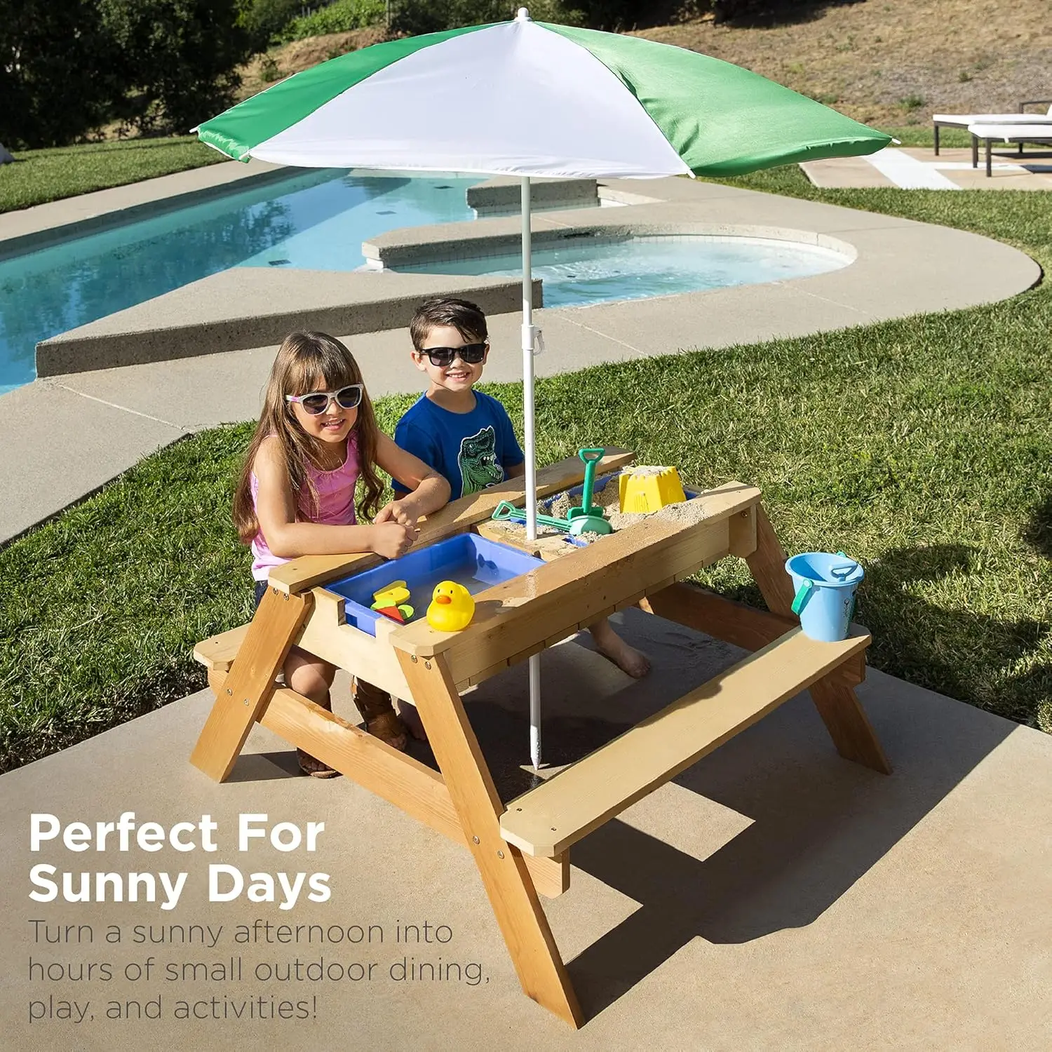 Choice Products Kids 3-in-1 Sand & Water Table, Wood Outdoor Convertible Picnic Table w/Umbrella, 2 Trays, Removable Top - Green