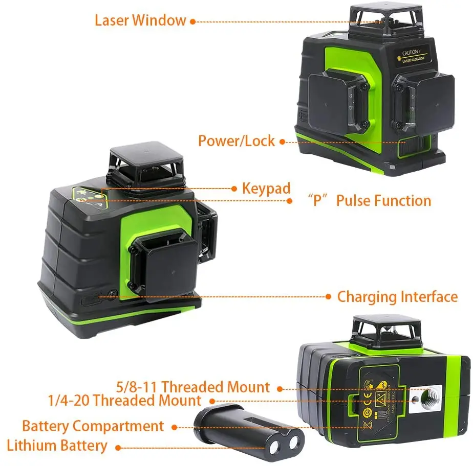 3D Laser Level Green with Pulse Punch Mode, Switchable 3X 360 Cross Line 12-wire    USB Rechargeable Battery