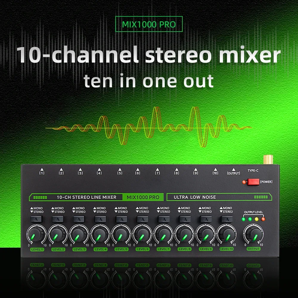 10 Channel Sound Mixer Low Noise LED Sound Mixer for MIX1000PRO Sub-Mixing Stereo Switcher