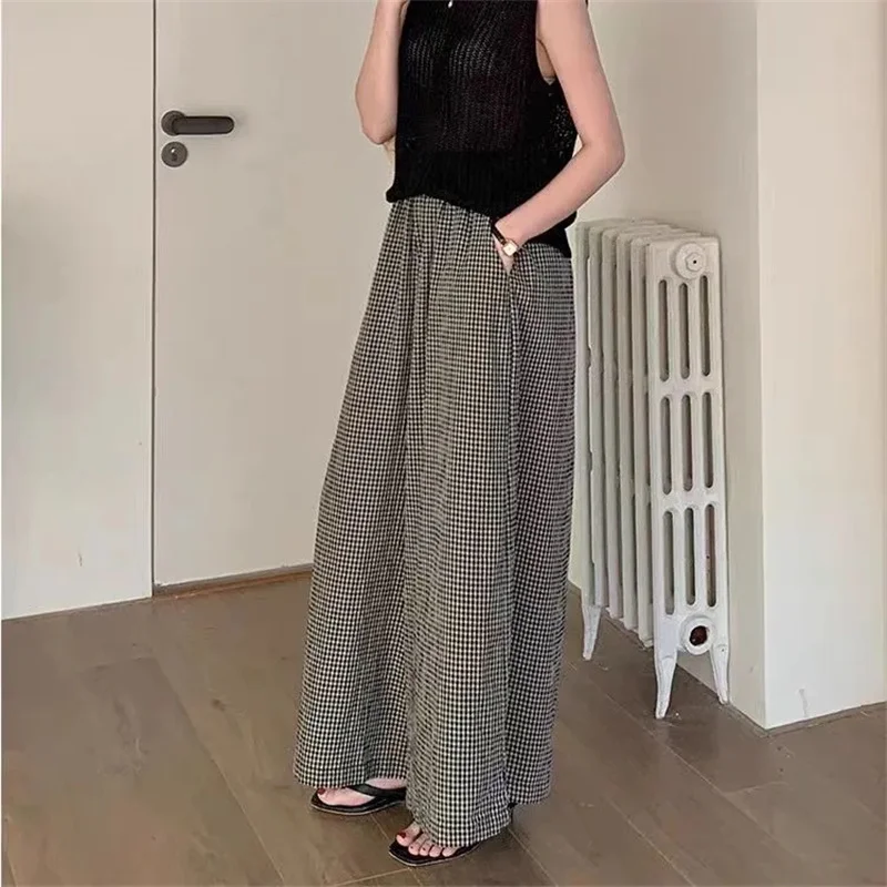 Vintage Checked Pants 2025 Women Stylish Wide Leg Pant Elegant High Waist Office Trousers Casual Loose Grid Pantalon Oversize