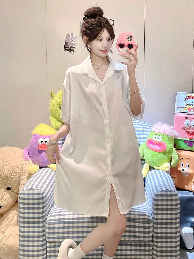 DAIMELU Ice Silk Shirt Pajamas Women's Thin Summer Premium Large Size Sexy Silk Short Sleeve Pajamas Spring and Autumn nightgown