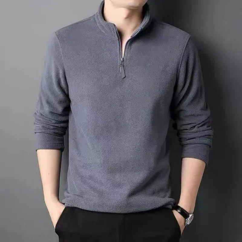 2026 Autumn Winter Fleece Men T-Shirts Zipper Half High Neck Thicken Warm Casual New Male Clothes Long Sleeve Tops