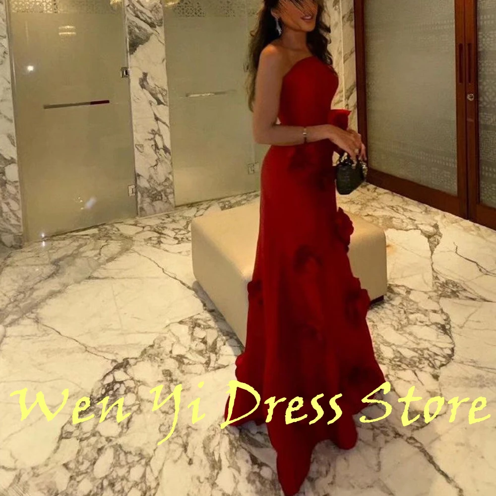 Elegant and Fashion Strapless Satin Solid Color Evening Dress Pleat Flowers A-Line Floor Length Sleeveless Bespoke Occasion Gown