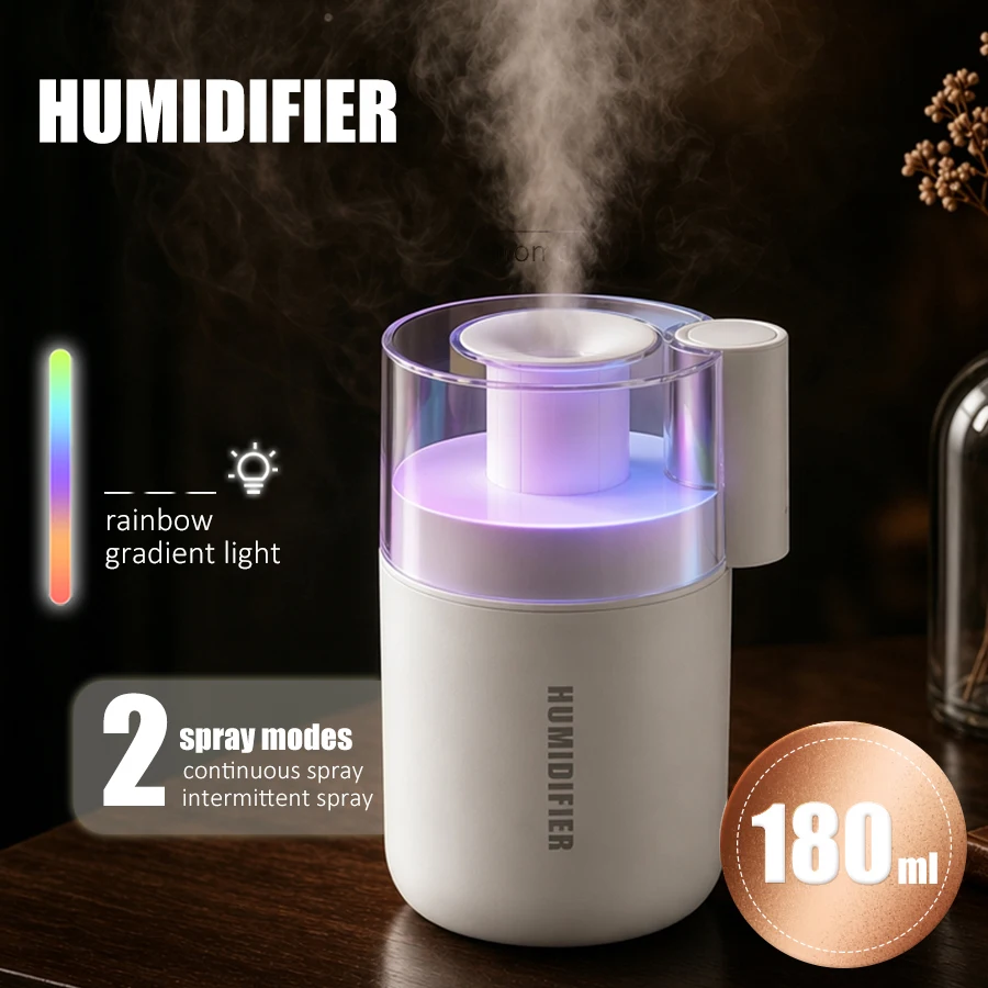 2-in-1 Car Air Humidifier, 2 Spray Modes, 7 Color LED, 180ml, Portable USB Air Humidifier for Office Home Car Humidification