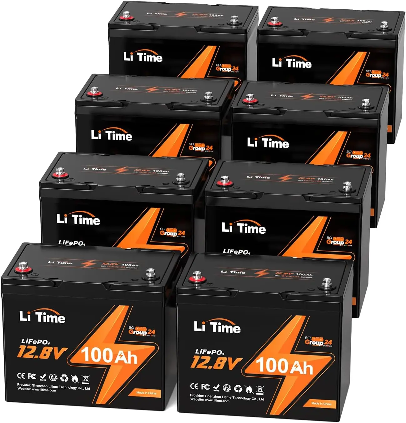 8 Pack 100Ah RV Lithium Battery Group 24 Rechargeable LiFePO4 Battery with Up to 15000 Cycles 1.28kWh and Higher Energy Density