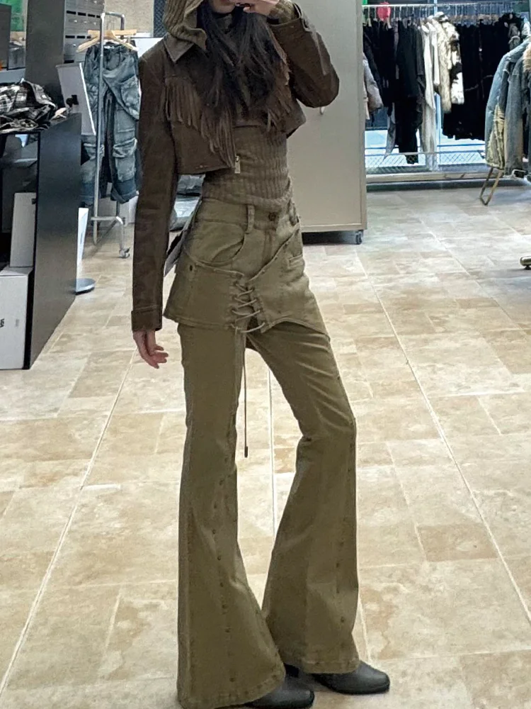 

Women's Splicing Fake Two Piece Design Khaki Flare Pants Retro Streetwear Female Fashion High Waist Rivet Bell-bottom Pants