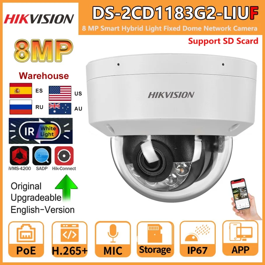 Hikvision 8MP IP Camera DS-2CD1183G2-LIUF Built-in Mic Dual-Light 4K Smart Hybrid Light SD card slot Fixed  Dome Network Camera