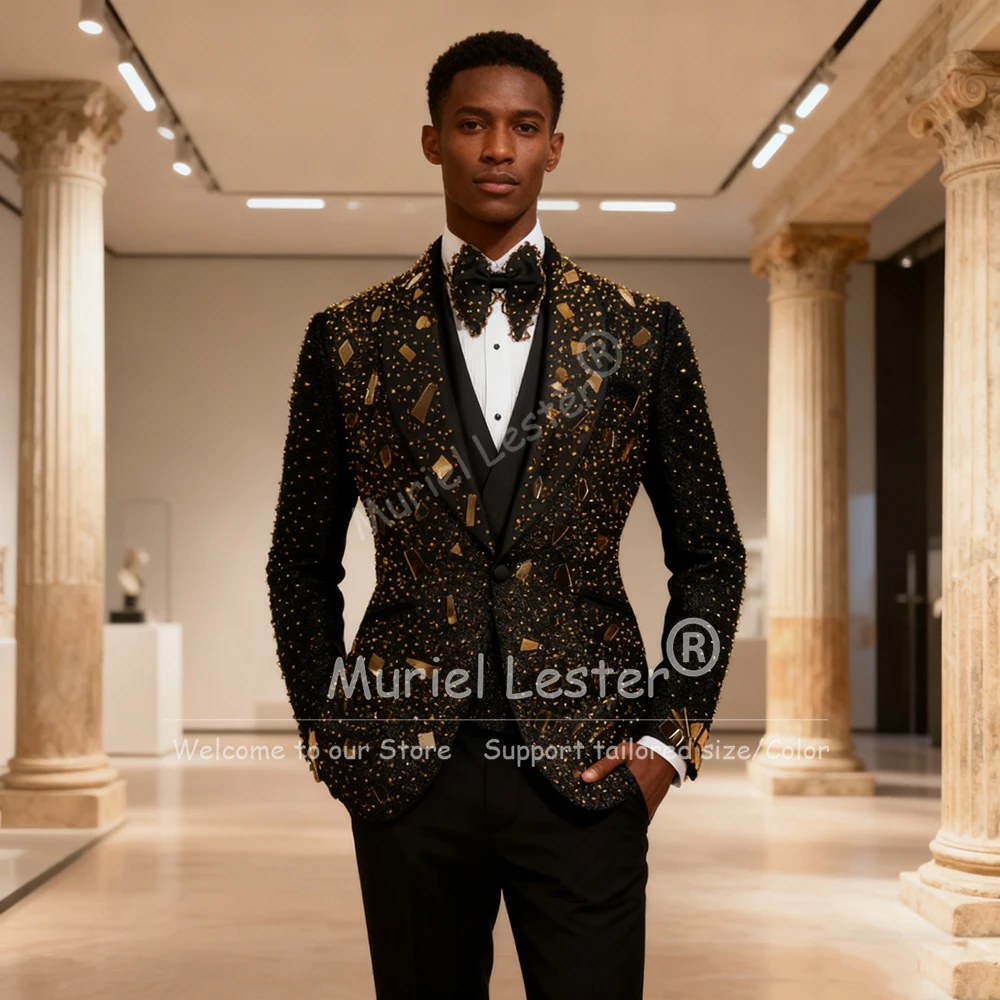

Luxury Beaded Crystals Men Suit Attire Shawl Lapel Groom Tuxedos 3 Pieces Customized Costume Homme Party Wedding Prom Blazers