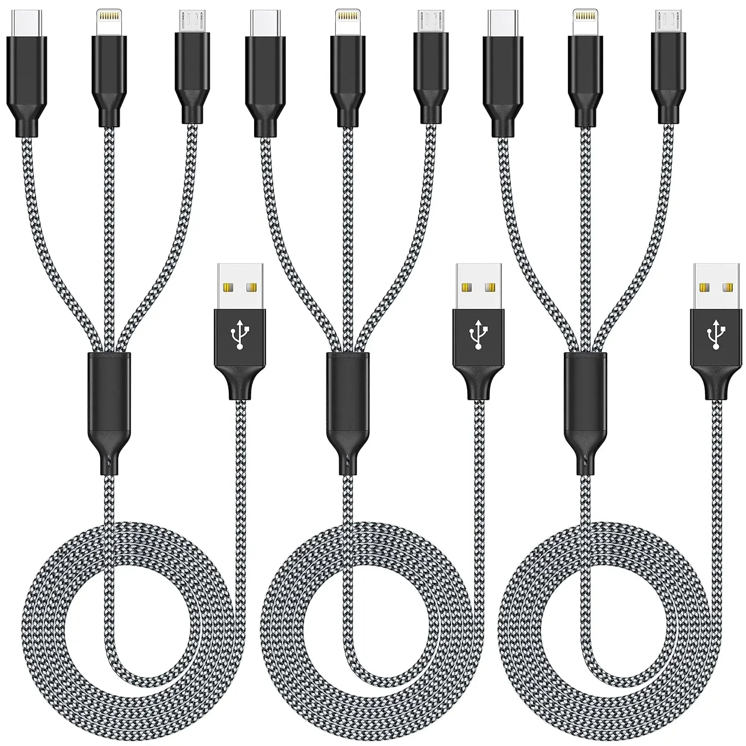 Multiple Charger Cable 3Pack 4FT  Nylon Braided Cord  3 in 1 Charger Cord with Type C Micro Lightning charger for