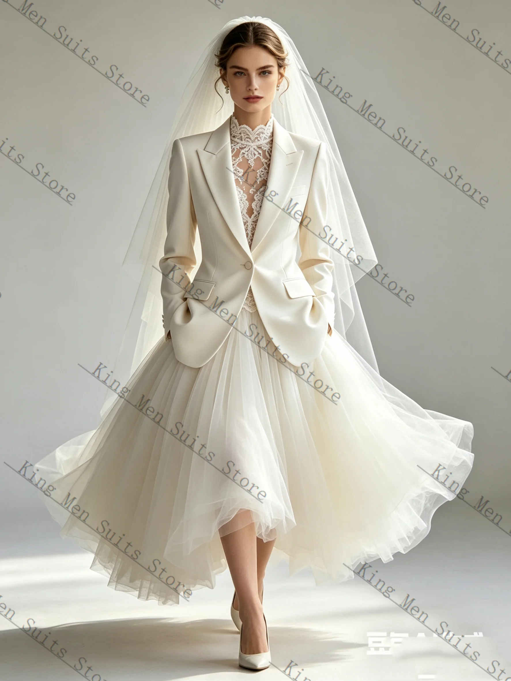 

White Spring Women Suit Skirt 2 Pcs Blazer Tulle Prom Dress Cotton Customized Formal Office Wedding Tuxedos Coat Jacket