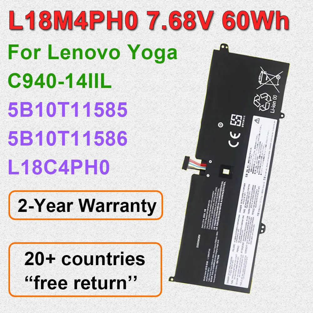 

Аккумулятор для ноутбука 7.68V 60Wh L18M4PH0 L18C4PH0 для Lenovo Yoga C940-14IIL 81Q9 5B10T11585 5B10T11586 5B10T11686 2ICP5/44/129-2