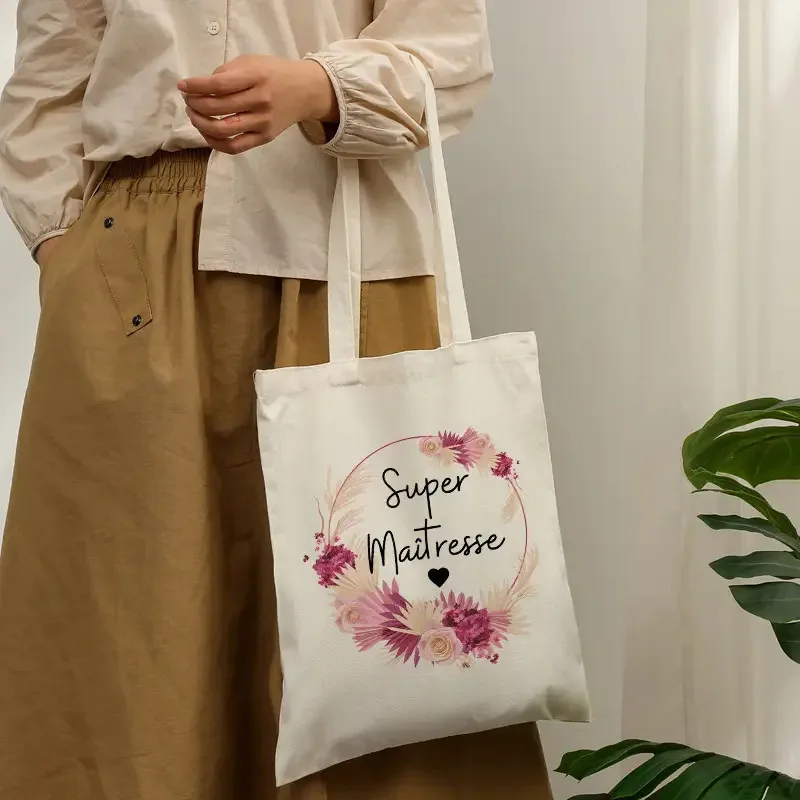 1 Pack French Floral "Thank You Teacher" Tote Bag, Women's Beige Lightweight Foldable Shoulder Bag Teacher's Day Thank You Gift