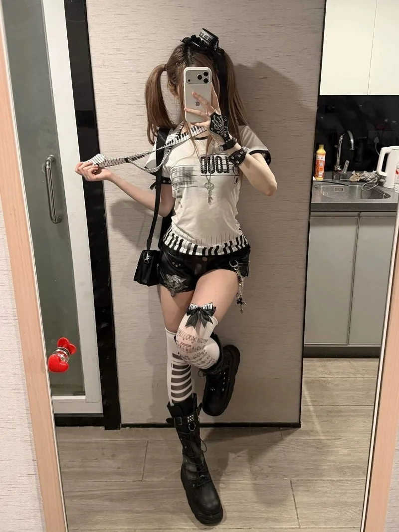 New 2000s Clothing Y2k Music Note Piano Sheet Funny Graphic T Shirts Cuteore Summer Women's T-shirt Short Sleeve Goth Tops Emo