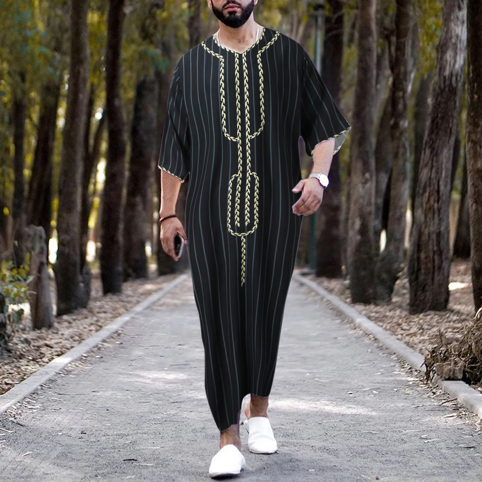 

Male Casual Striped Print Robe V Neck Middle Sleeve Split Hem Blouse Robe Stripe Solid Elegant Stripe Fashion Men's Muslim Robe