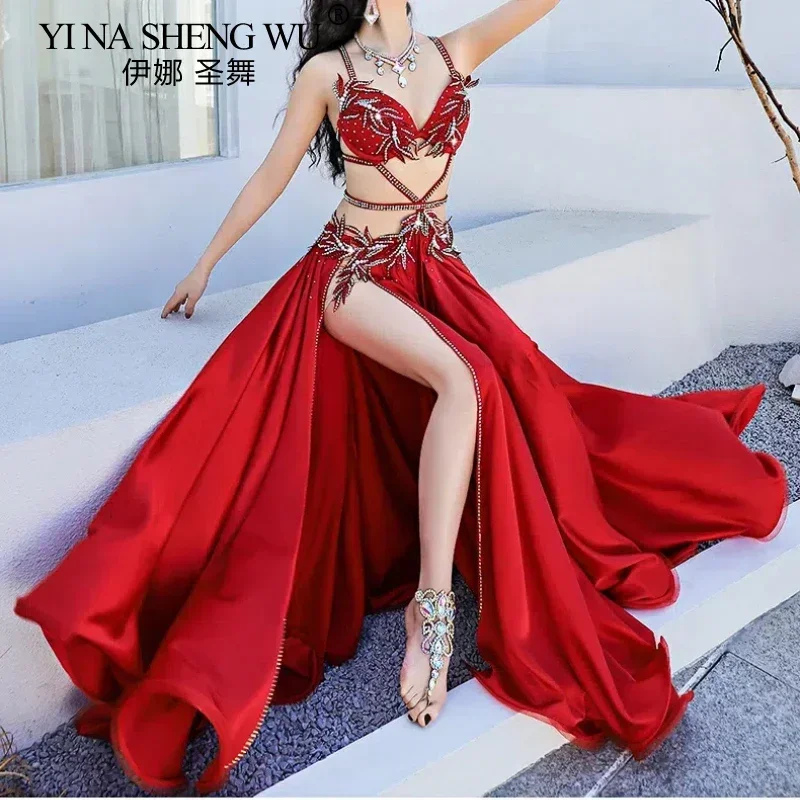 Egipski strój do tańca brzucha dla kobiet Profesjonalny strój do występów Luksusowa satynowa spódnica z podwójnym rozcięciem na pokaz konkursowy