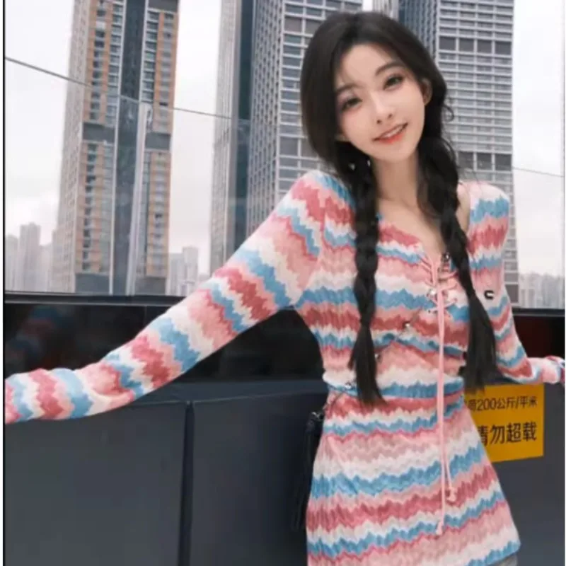 Miiiix 2024 Autumn Fashion High End Collection Mid Length Dress with Colorful Stripes Knitted Shirt Dresses Female Clothing