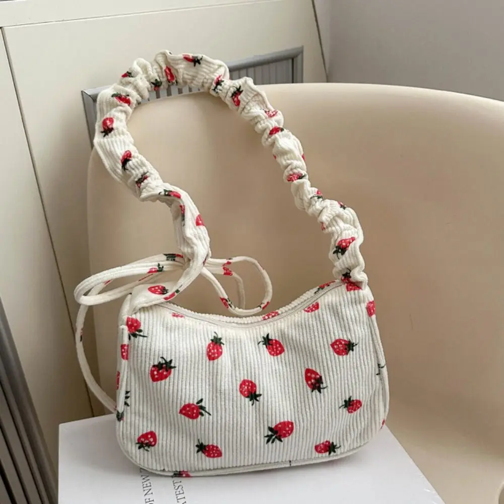 

Portable Korean Style Strawberry Printing Shoulder Bag Large Capacity Fruit Corduroy Tote Bag Leisure Sweet Handbag Girls