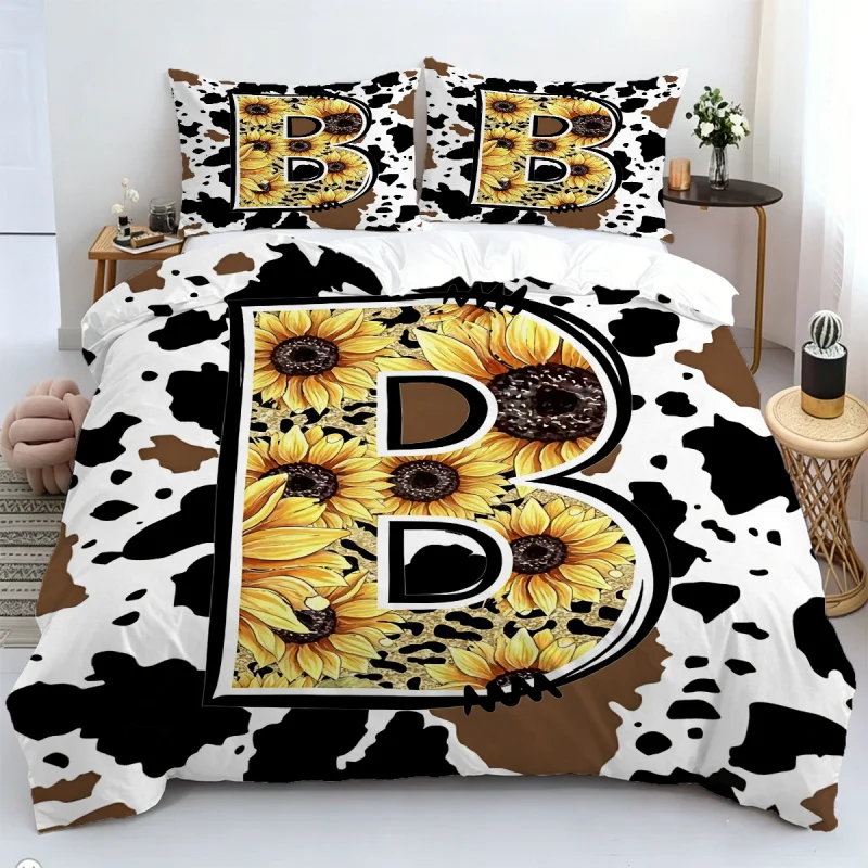 

2/3Pcs Classic Cow Print Sunflower Letter Duvet Cover Set Included 1Duvet Cover &2 Pillowcase For All-Season Home Dorm Decor