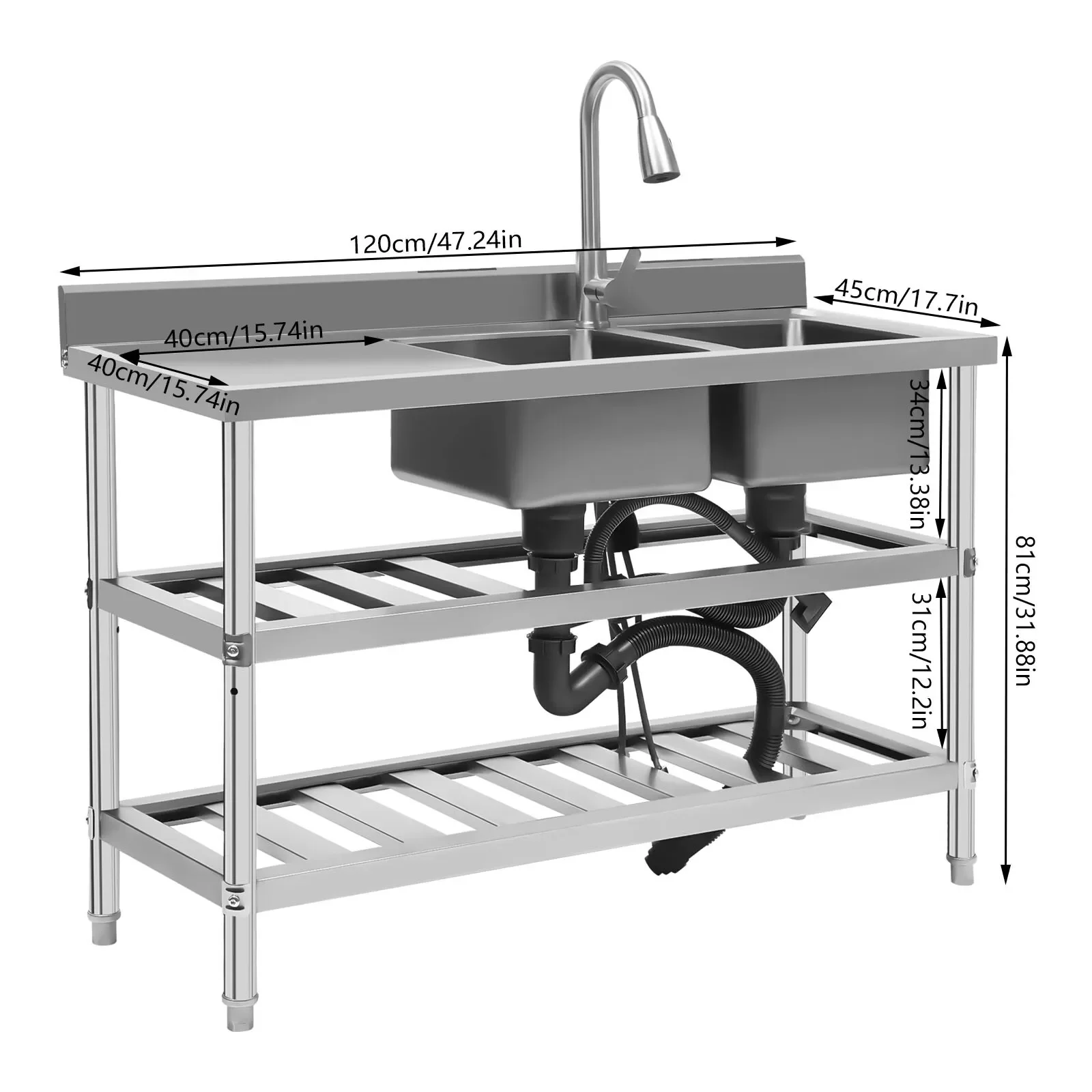 Commercial Utility Prep Sink 2Compartment Stainless Steel KitchenPrep Work Table