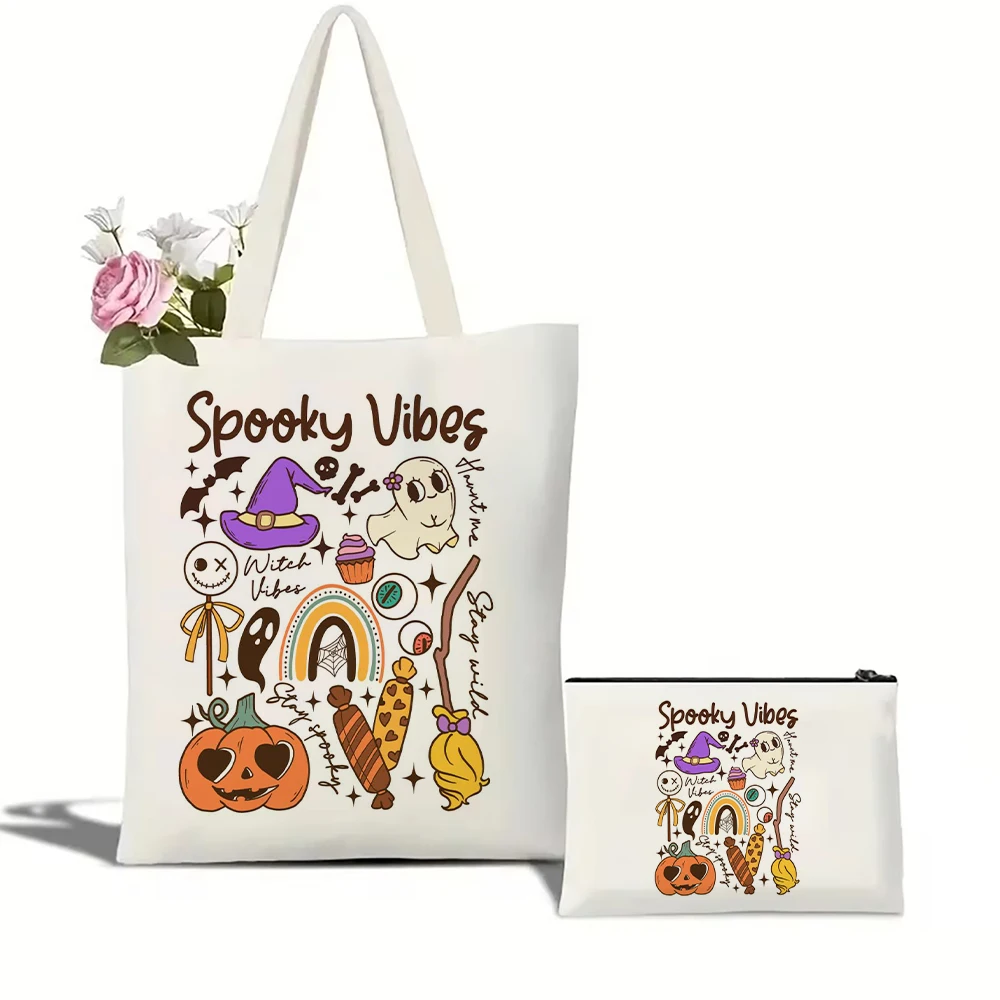 Halloween Spooky Vibes Tote Bag Large Capacity Shopping Bags Harajuku Cartoon Female Shoulder Handbag Girl Handbags