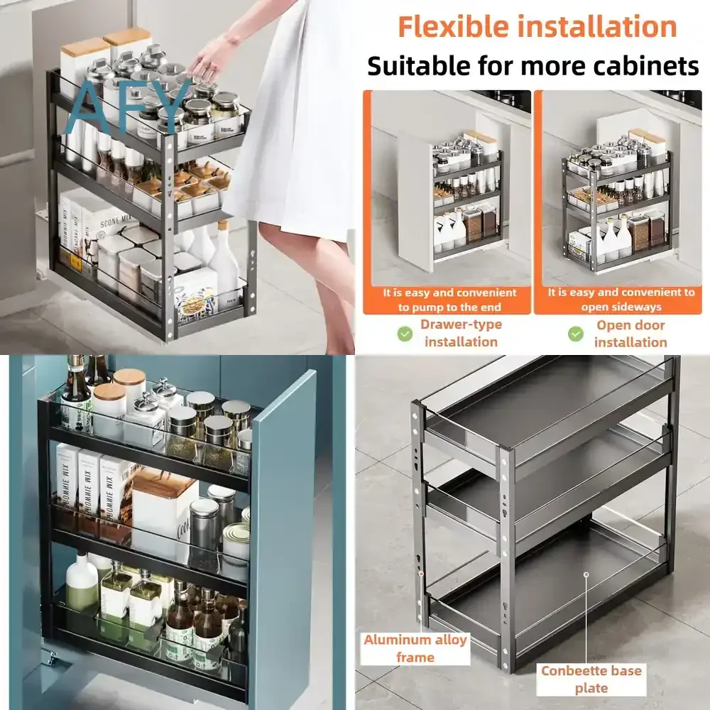 Drawer Style Pull Out Kitchen Organizer Shelf for Narrow Cabinet Multi Layered Storage Basket for Seasoning Spice Racks