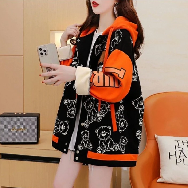 جرافيك أنثى مقنعين ملابس شبابية دافئة باردة طويلة الأكمام جديدة في معطف سميك الخريف والشتاء المرأة هوديس البلوز