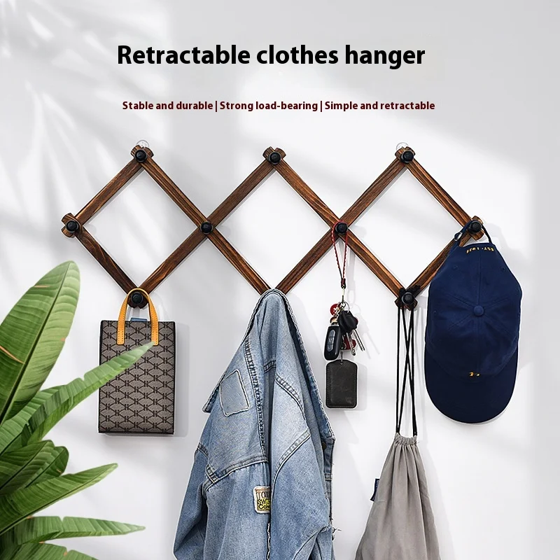 

Nordic Style Solid Wood Extendable Wall Rack - No-Drill Entryway Coat Hanger, Telescopic Clothes Hook for Foyer