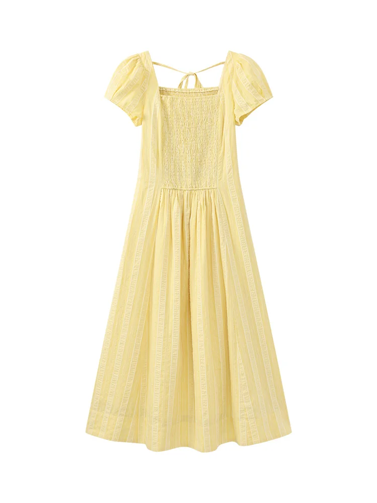 Sweet Vintage Puff Sleeve Dress Women Summer Square Neck Shirred Waist A-Line Midi Soft Lightweight Casual Long Dress Daily Look