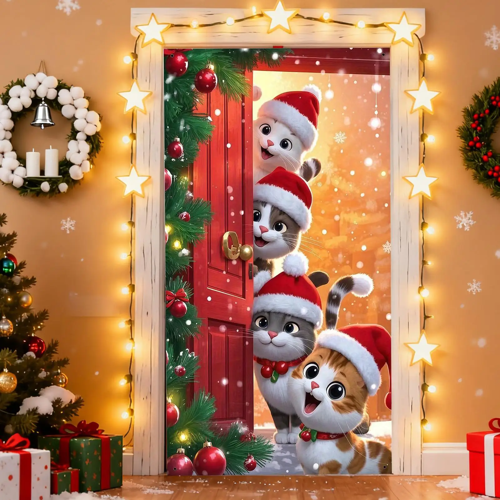 Christmas Door Cover Cute Reusable Waterproof Four Cats Christmas Door Banner Holiday Decor for Indoor Outdoor Office Apartment