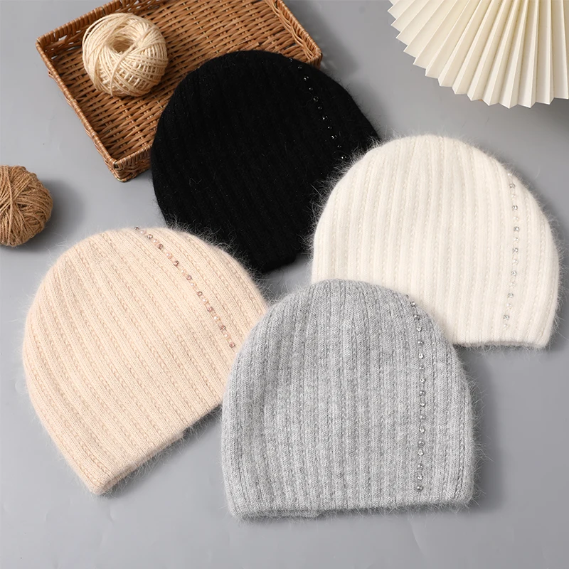 CNTANG Women Angora Rabbit Fur Hat Winter Knitted Warm Beanies Fashion Luxury Designer Hats For Female With Pearl Diamond Cap