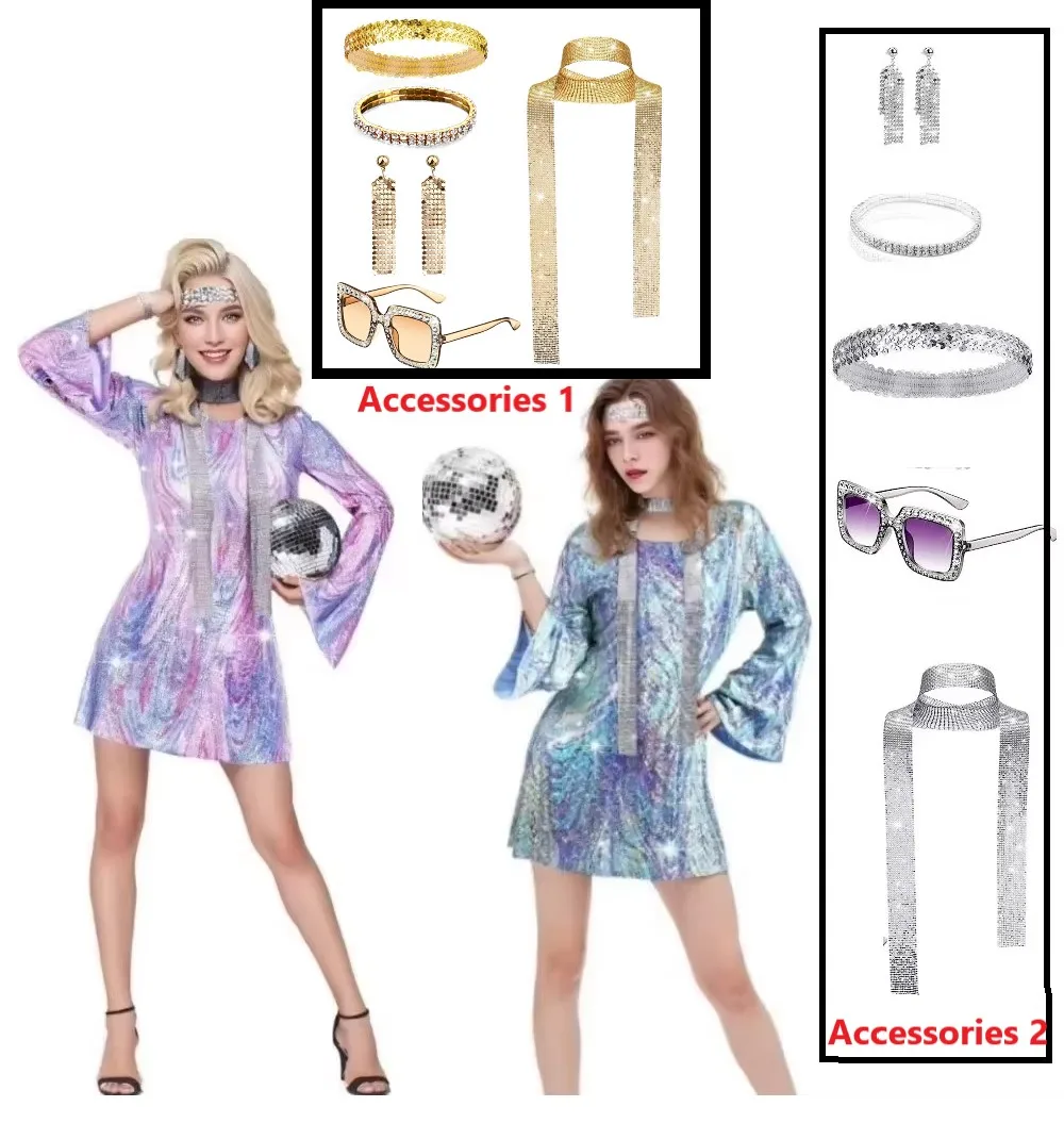 Costume Chang des années 70 pour femme, tenue et accessoires, tête brillante avec lunettes de soleil, boucles d'oreilles, collier, bracelet pour scène, performance de fête