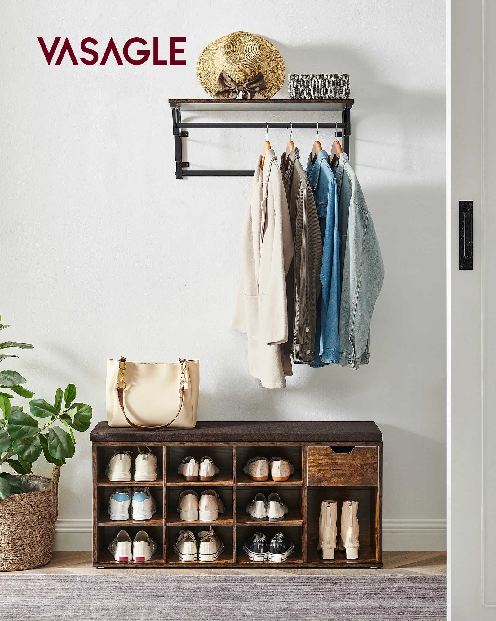 

VASAGLE CUSTOS Collection - Storage Bench, Entryway Bench with Cushion, Drawer and Open Compartments, Bench with Storage