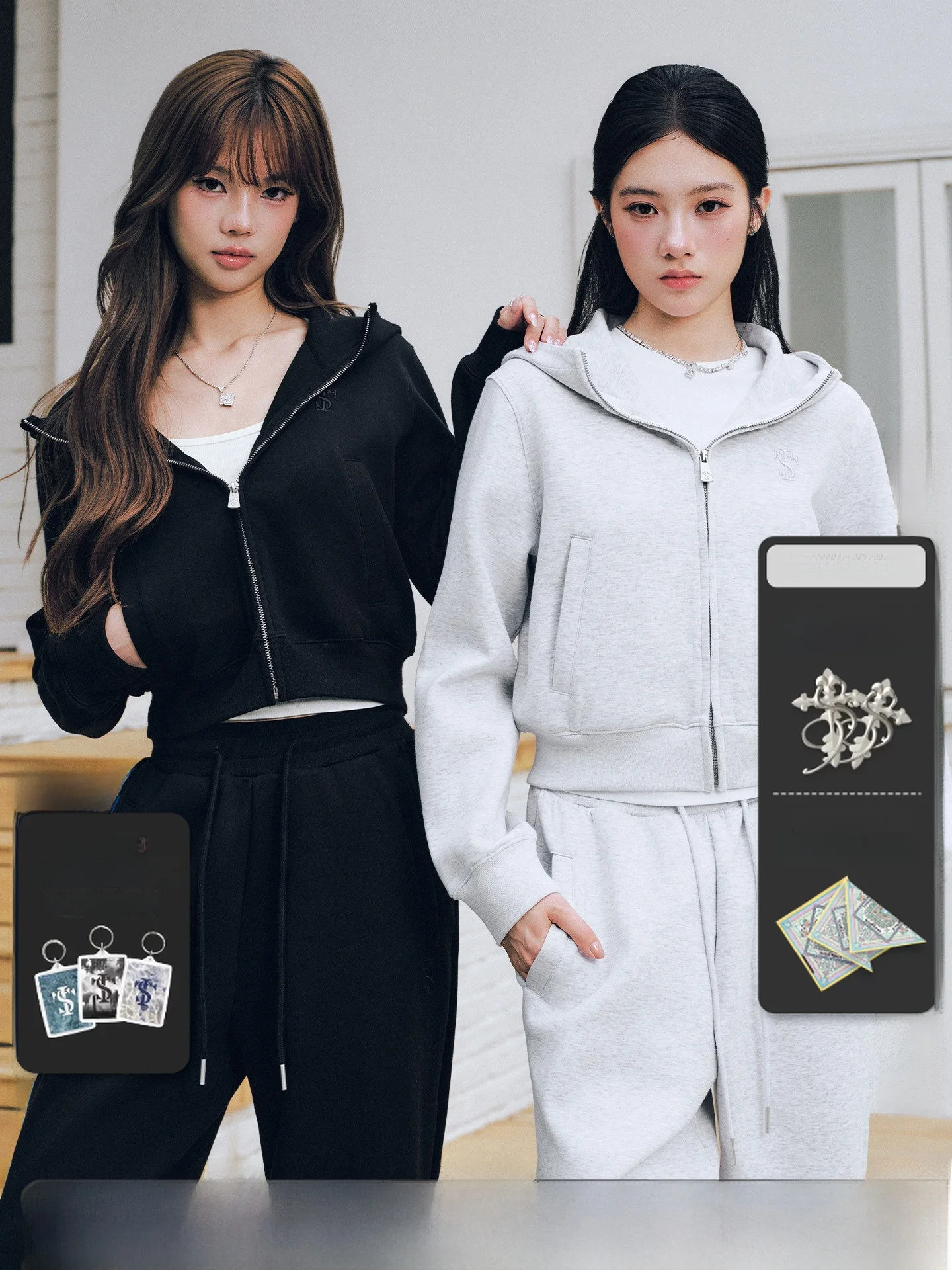 STK SmallTownKid Zip-Up Hooded Sweatshirt Women's Casual Sporty Top Air Layered Open Cardigan Knitted Fabric Cotton Blend