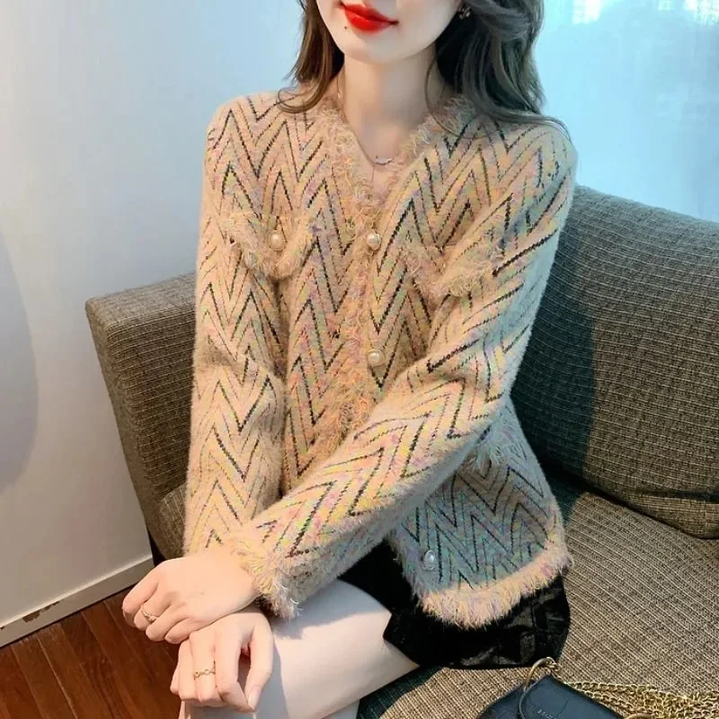 Coat Sweater Knitting Women\'s Autumn And Winter 2024 New High-Grade Temperament Resemble Mink Cashmere Single-Breasted Jacket