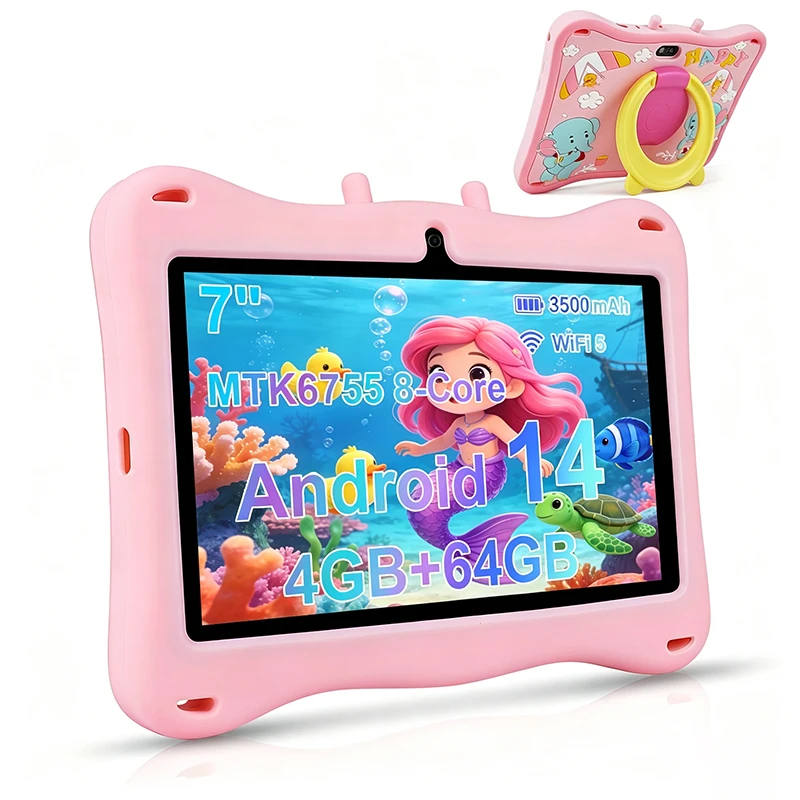 7 Inch Kids Tablet Android 14 4GB RAM 64GB ROM Parental Control Dual Camera with Shockproof Case 3500mAh Kids Software
