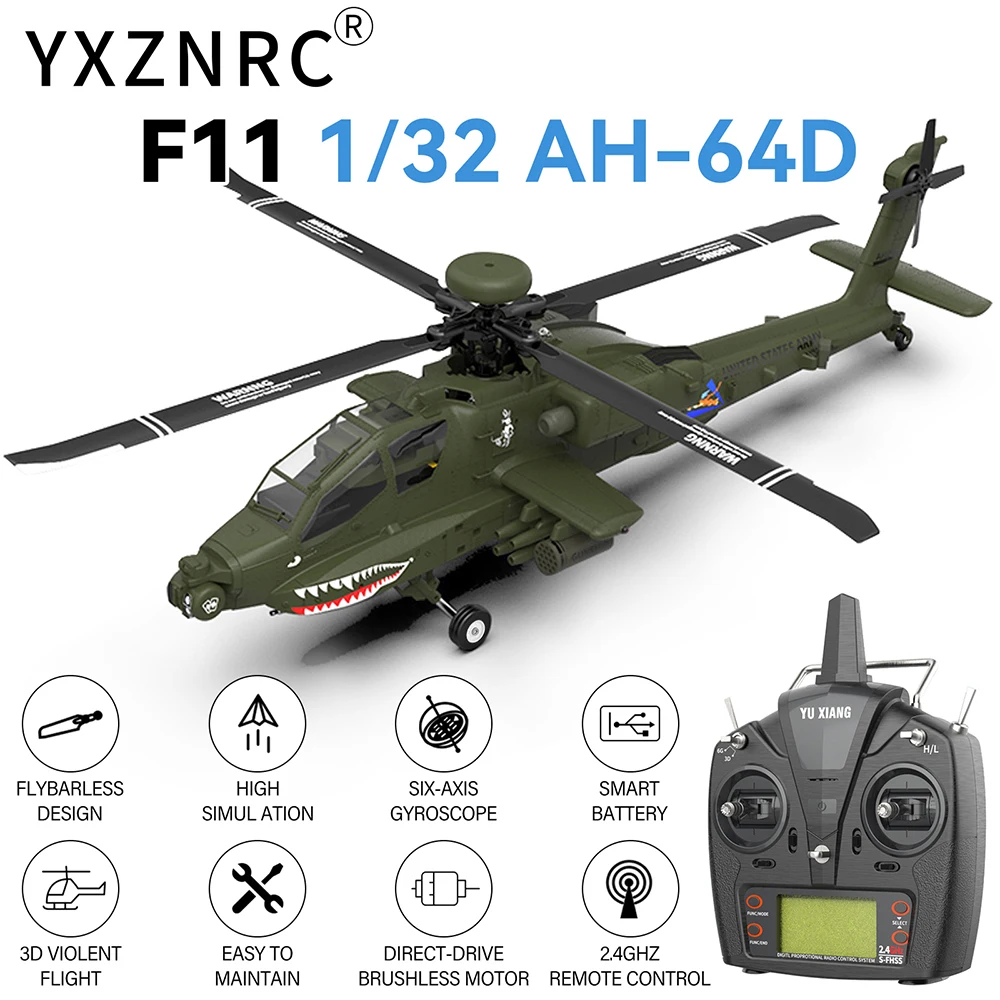 YXZNRC F11 AH-64D Apache RC Helicopter with 6-Axis Gyro 2.4G 6CH Brushless Motor 1:32 Scale Flybarless 3D RC Helicopter Model