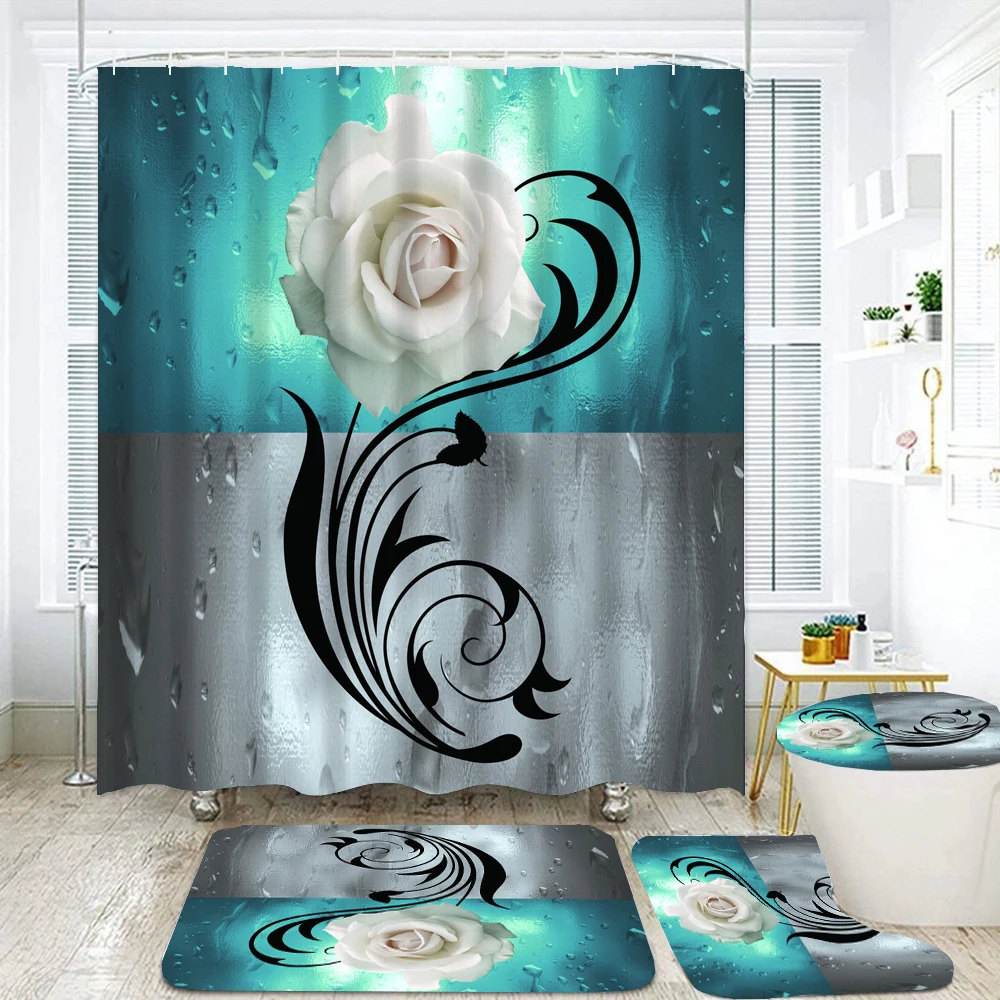 

Blue Rose Flower Shower Curtains with Hooks Flowers Art Bathroom Curtain Set Bath Mats Non-Slip Carpet Toilet Cover Pedestal Rug